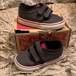 Size 6 toddler Vans (black/dark gray, white, red)